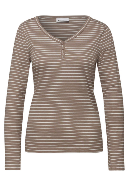 Street One Damen Shirt Gestreift V-Ausschnitt Knopfdetail Baumwolle Elasthan