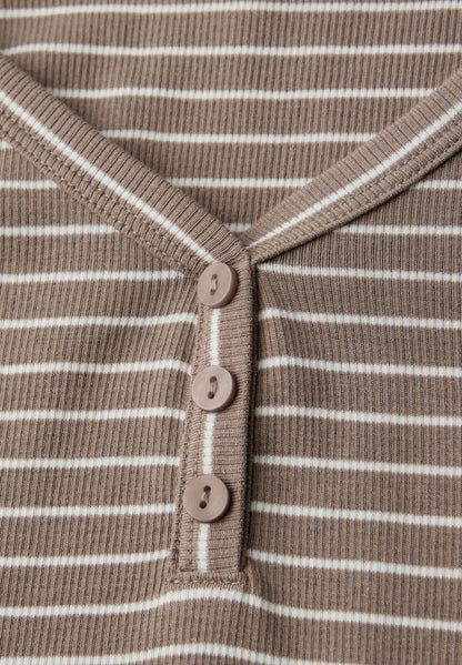 Street One Damen Shirt Gestreift V-Ausschnitt Knopfdetail Baumwolle Elasthan