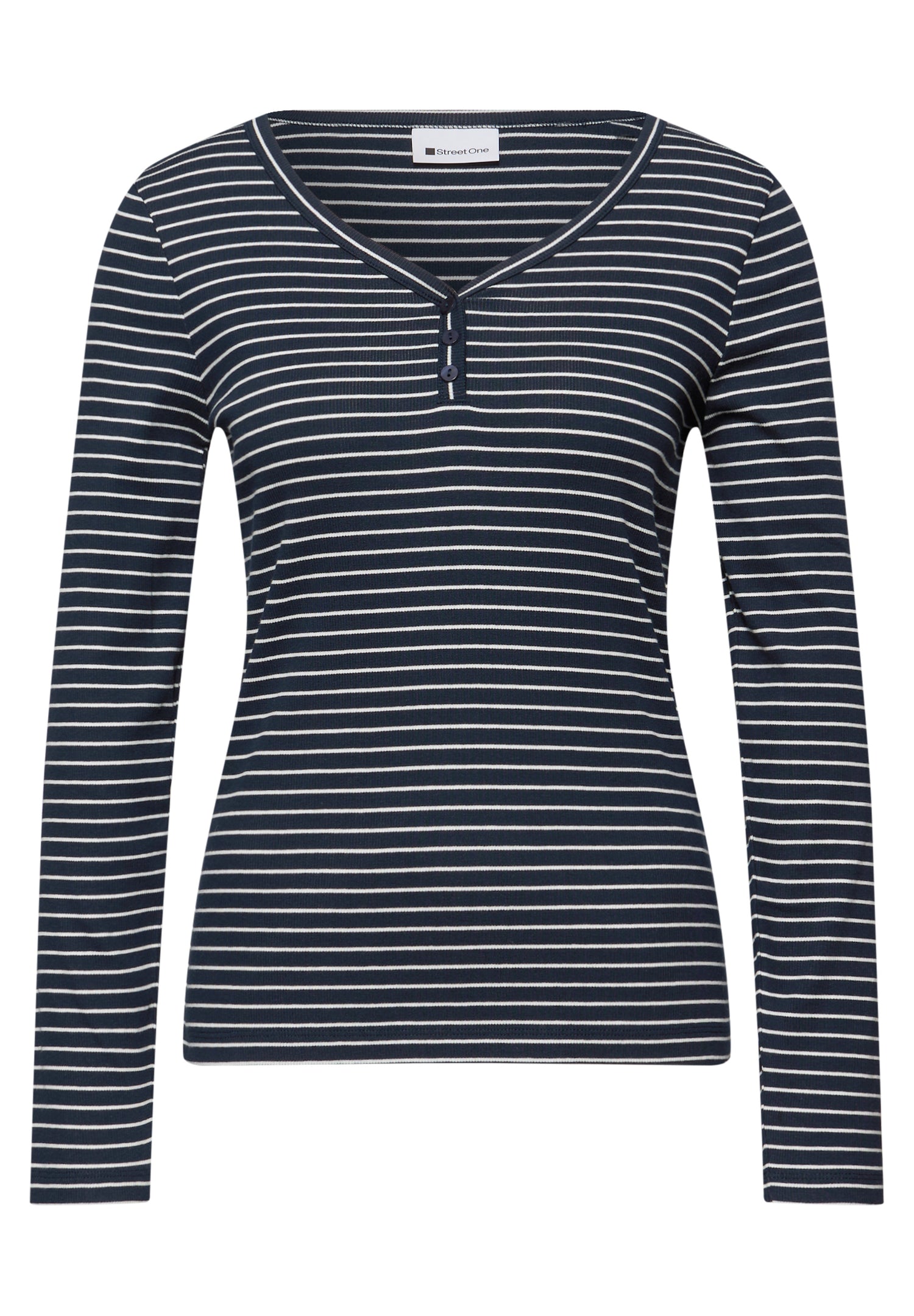 Street One Damen Shirt Gestreift V-Ausschnitt Knopfdetail Baumwolle Elasthan