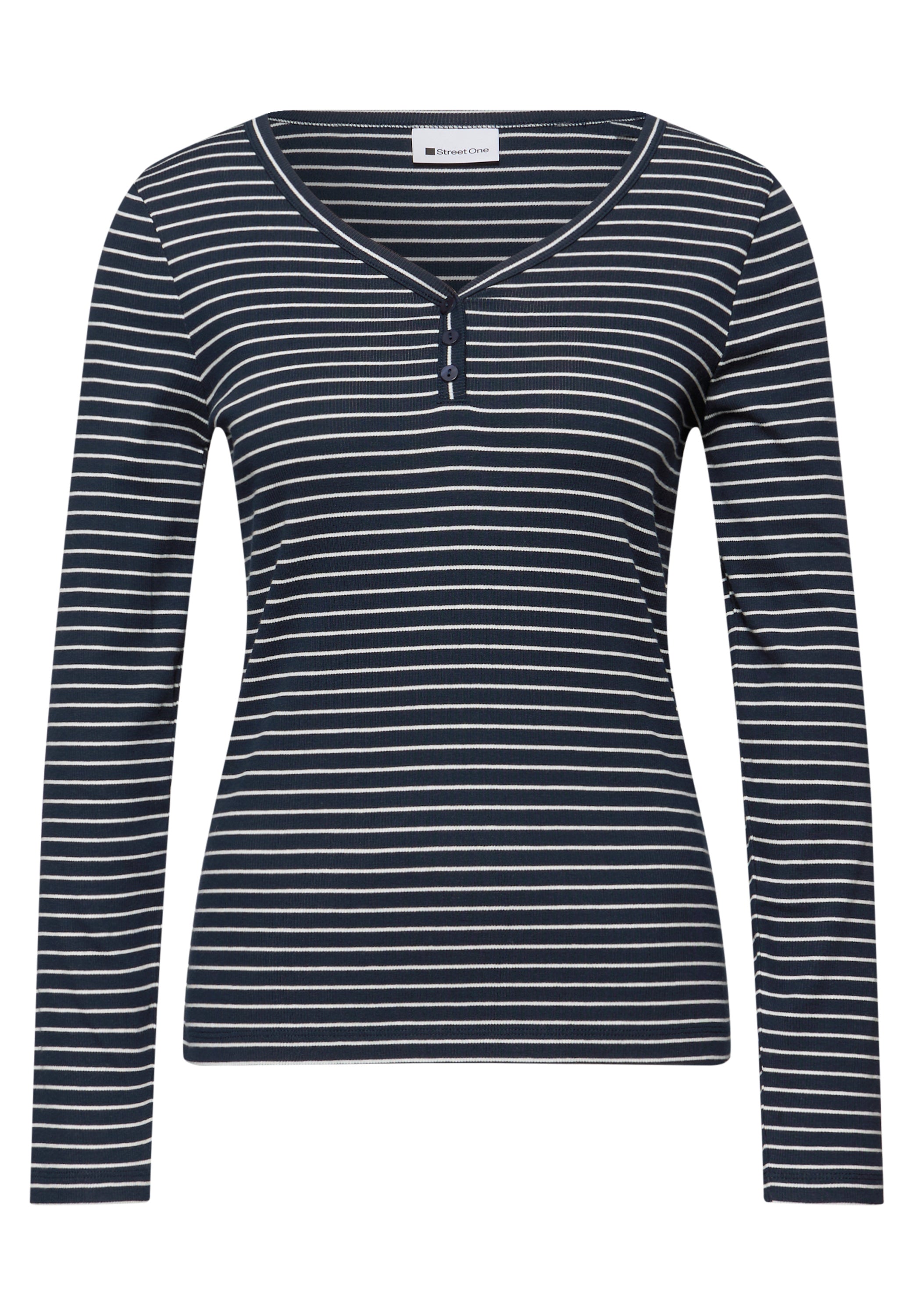 Street One Damen Shirt Gestreift V-Ausschnitt Knopfdetail Baumwolle Elasthan
