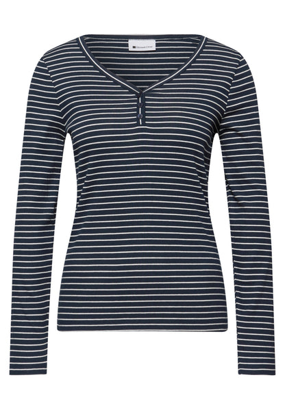 Street One Damen Shirt Gestreift V-Ausschnitt Knopfdetail Baumwolle Elasthan