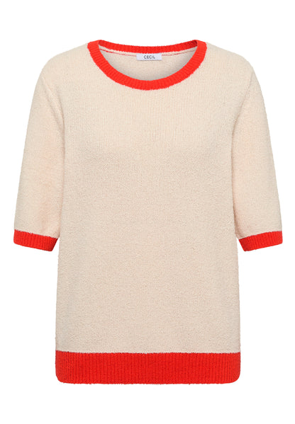 CECIL Damen Strickpullover Kurzarm Casual Moderne Kontrastdetails Baumwolle Nylon