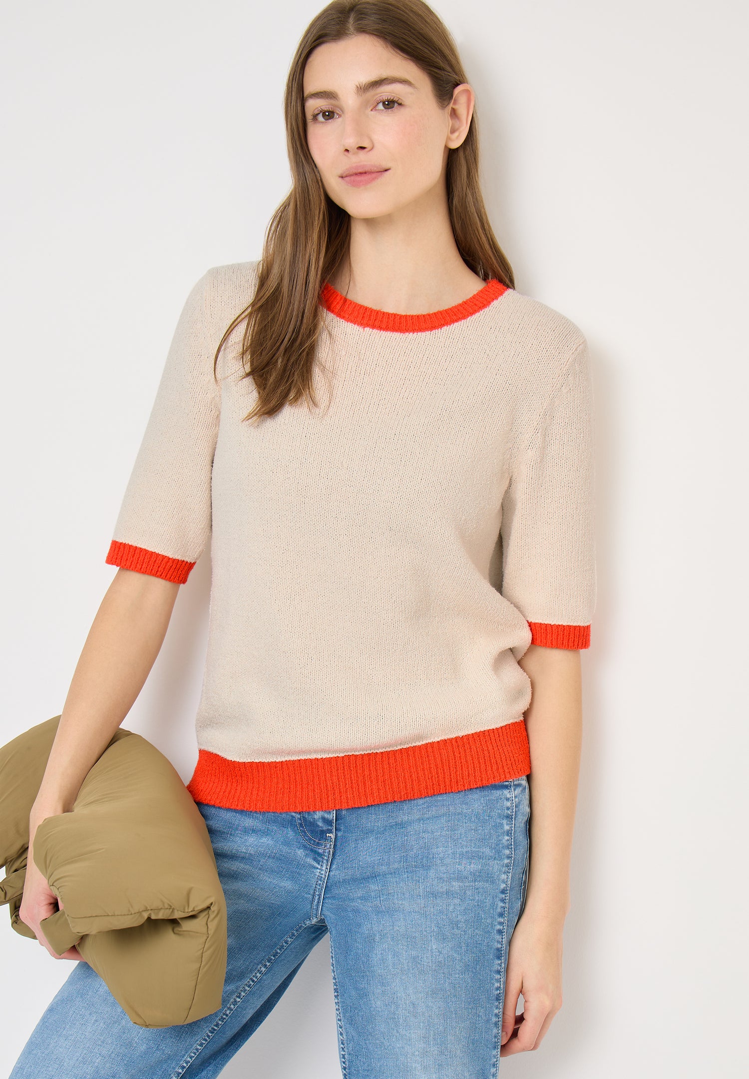 CECIL Damen Strickpullover Kurzarm Casual Moderne Kontrastdetails Baumwolle Nylon