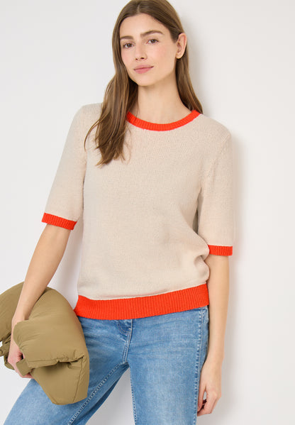 CECIL Damen Strickpullover Kurzarm Casual Moderne Kontrastdetails Baumwolle Nylon