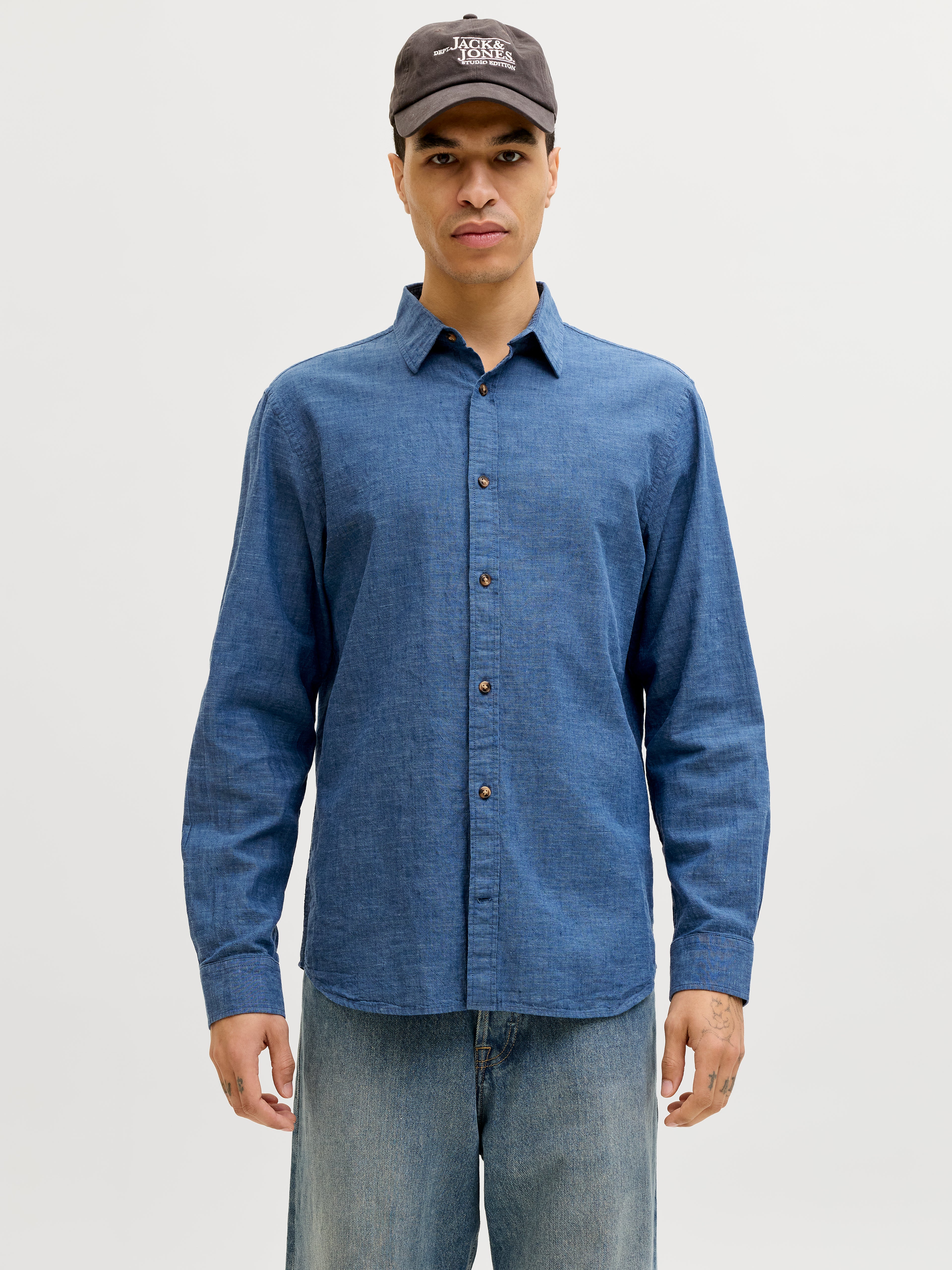 Jack &amp; Jones Leinen Hemd Herren Langarm Hemdkragen Knopfleiste