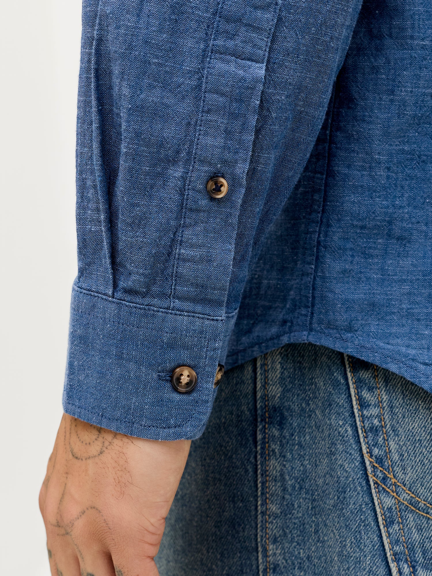 Jack &amp; Jones Leinen Hemd Herren Langarm Hemdkragen Knopfleiste