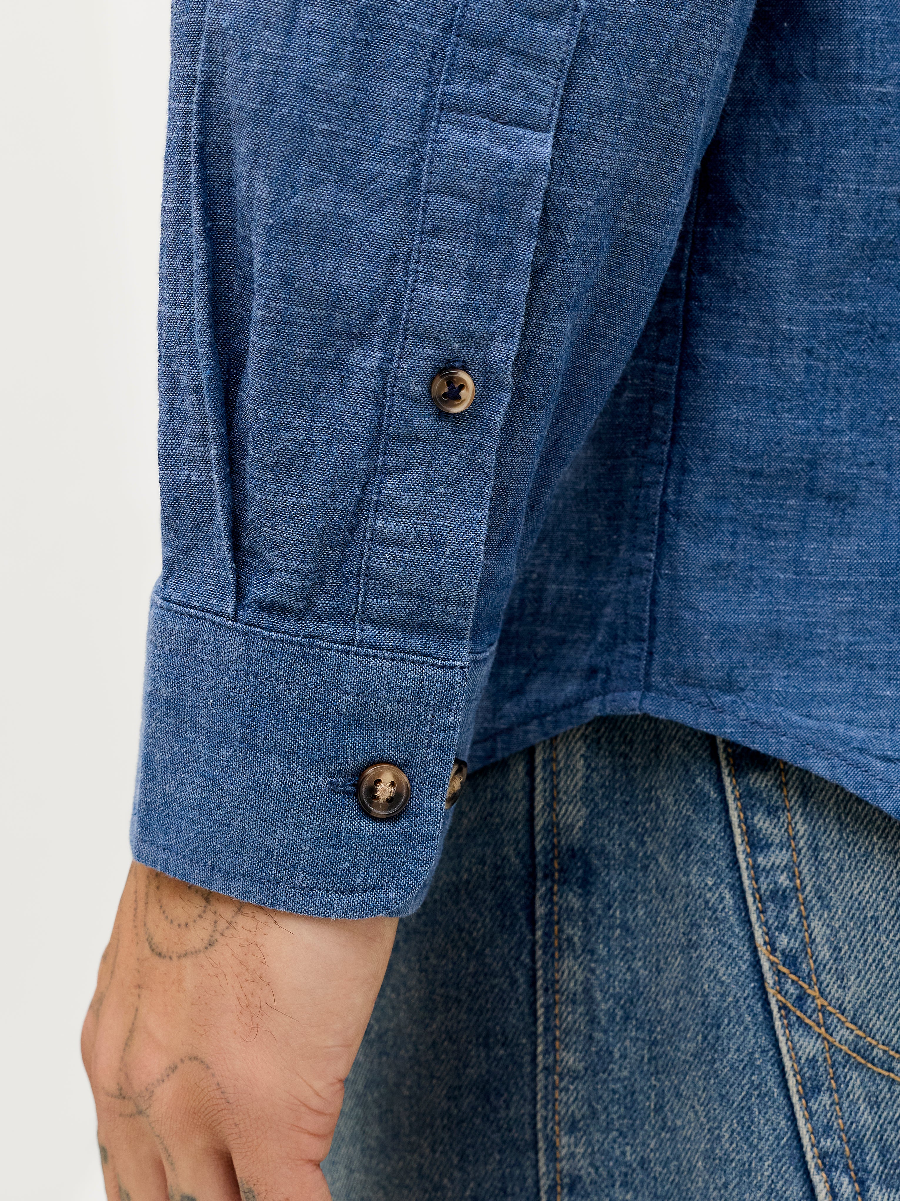Jack &amp; Jones Leinen Hemd Herren Langarm Hemdkragen Knopfleiste