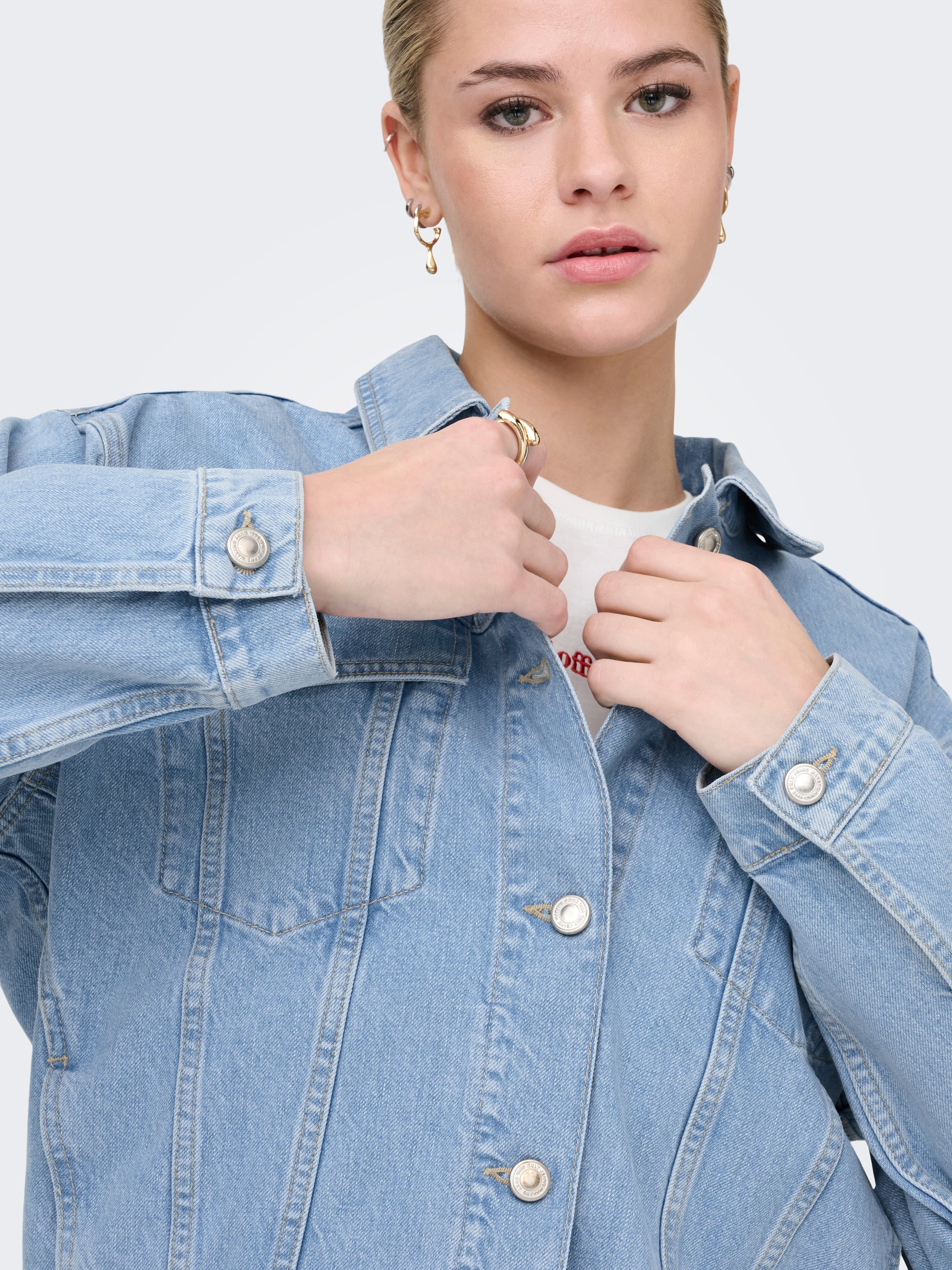 ONLY Zeitlose Damen Jeansjacke mit Knopfleiste Fly-Away Kragen