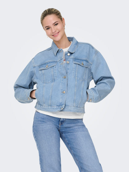 ONLY Zeitlose Damen Jeansjacke mit Knopfleiste Fly-Away Kragen