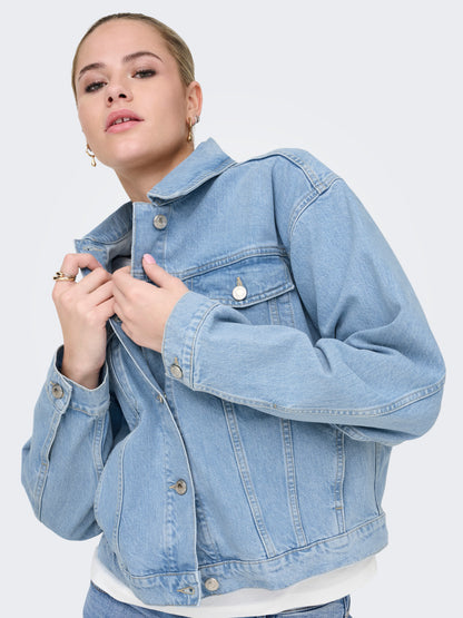 ONLY Zeitlose Damen Jeansjacke mit Knopfleiste Fly-Away Kragen