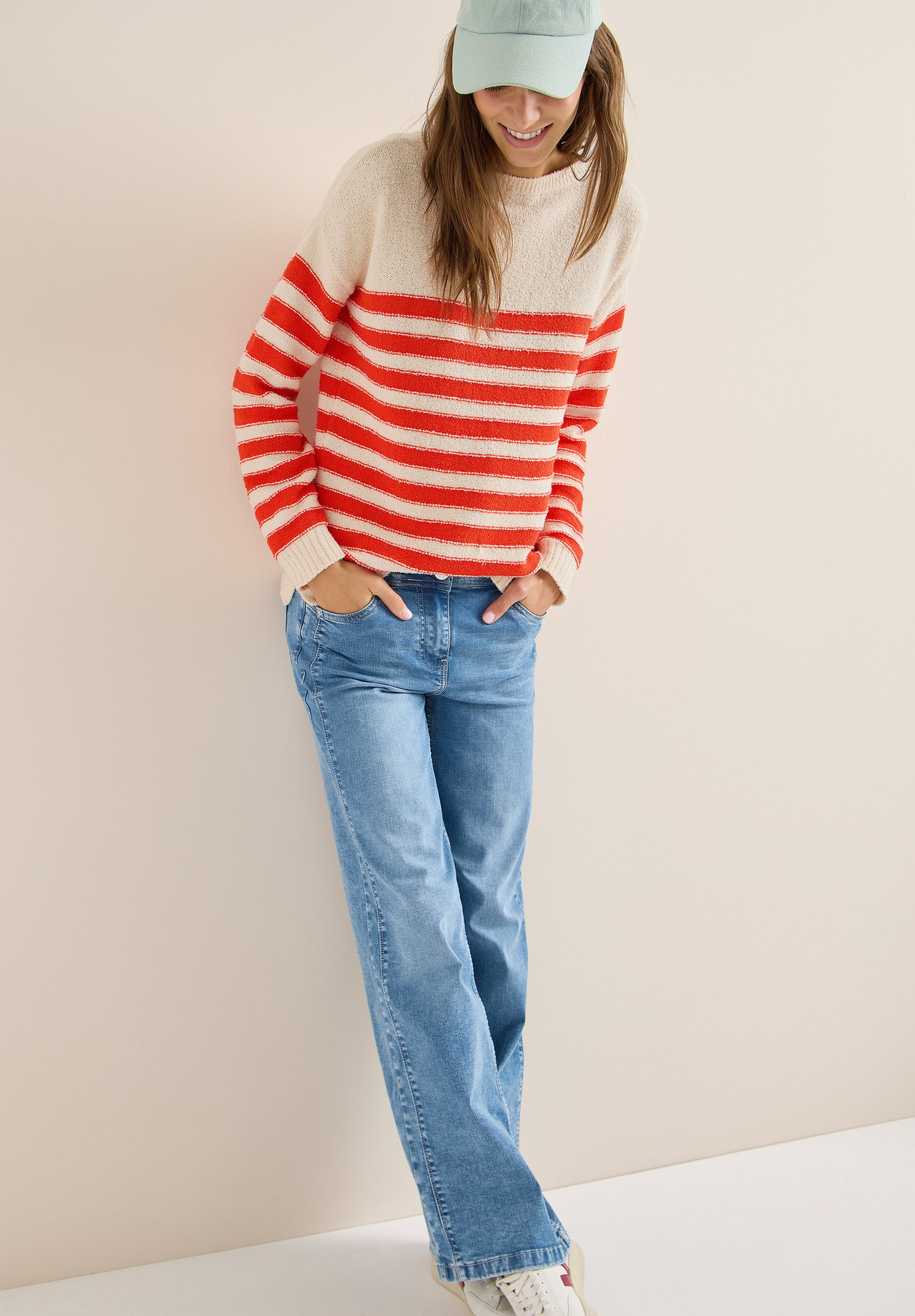 CECIL Damen Bouclé Pullover U-Boot-Ausschnitt Langarm Gemütlich Baumwolle Nylon