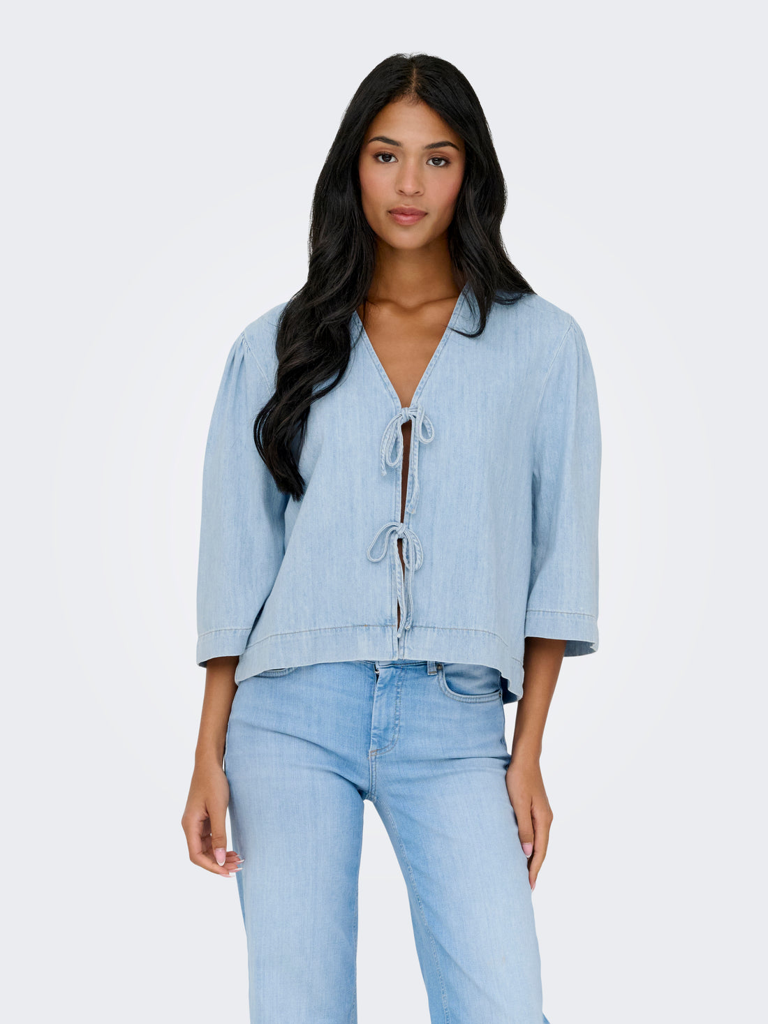 ONLY Jeanshemd Damen 3/4 Arm Bindeverschluss Schleifendetails