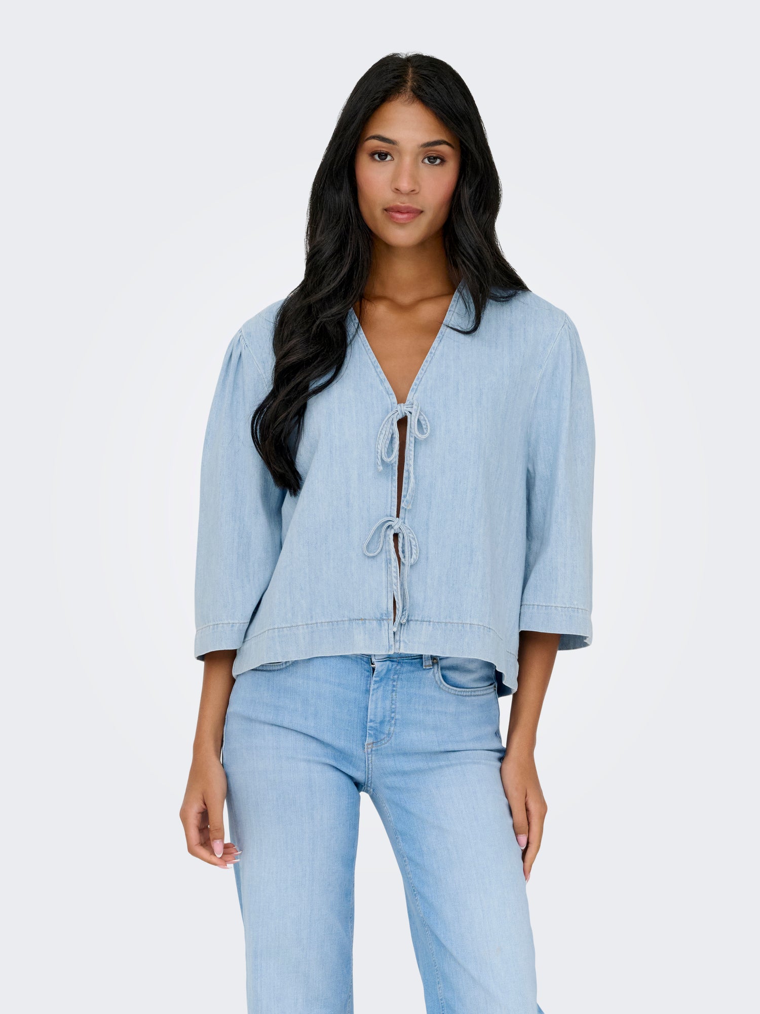 ONLY Jeanshemd Damen 3/4 Arm Bindeverschluss Schleifendetails