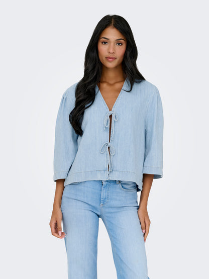 ONLY Jeanshemd Damen 3/4 Arm Bindeverschluss Schleifendetails