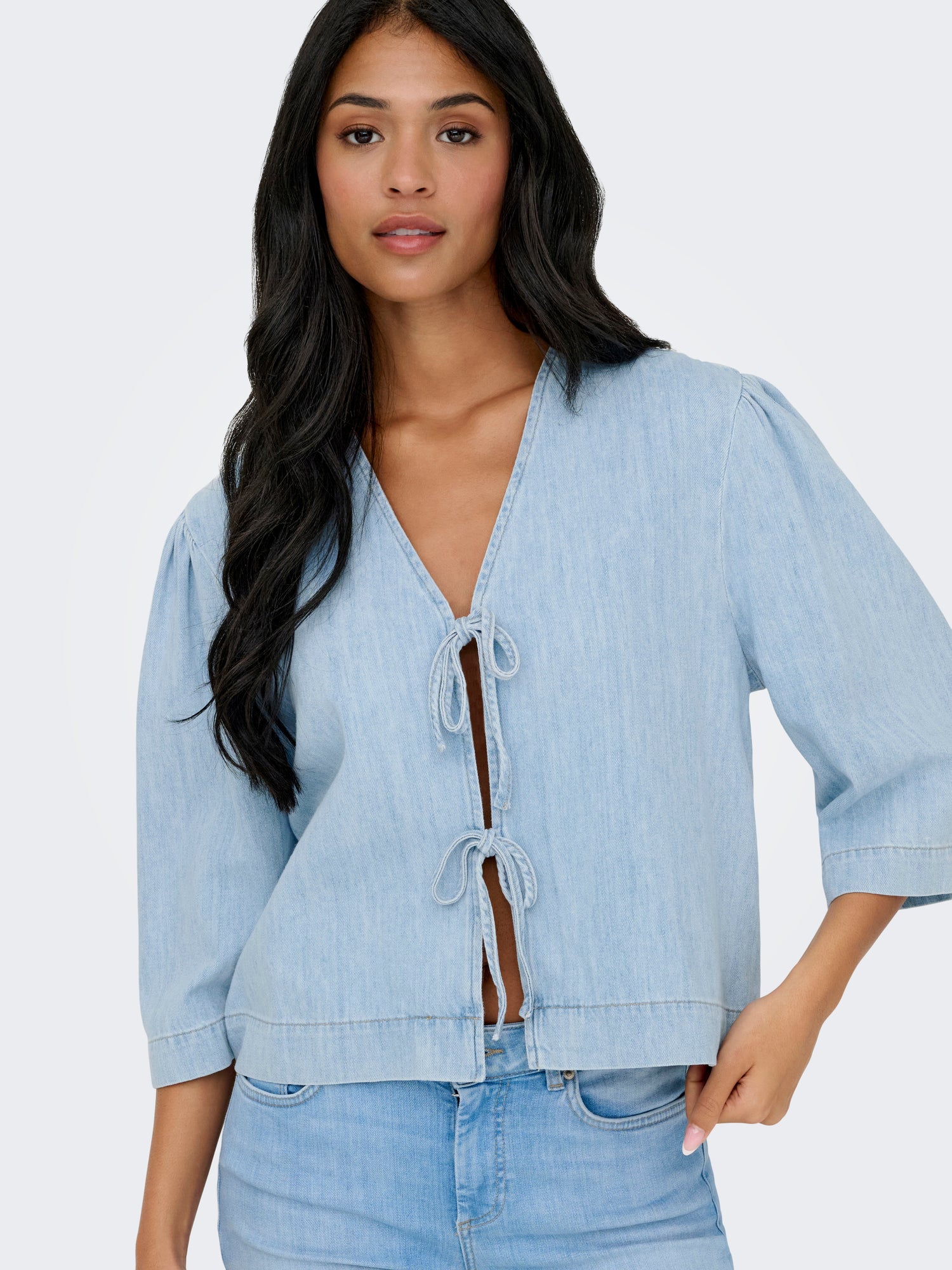 ONLY Jeanshemd Damen 3/4 Arm Bindeverschluss Schleifendetails