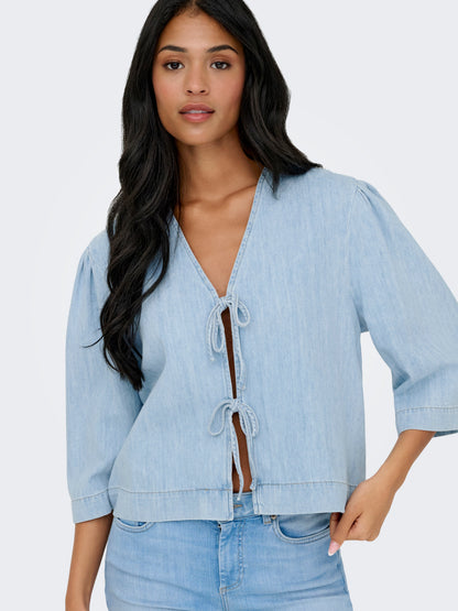 ONLY Jeanshemd Damen 3/4 Arm Bindeverschluss Schleifendetails