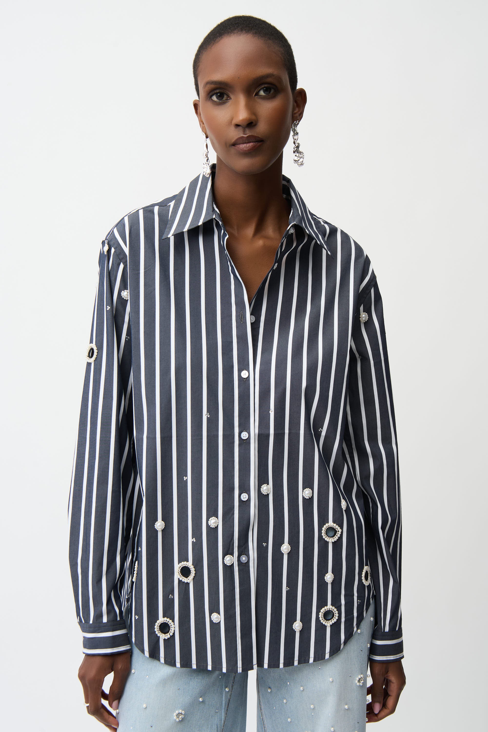 Stretch-Baumwollbluse mit Streifenprint und Strasssteinen