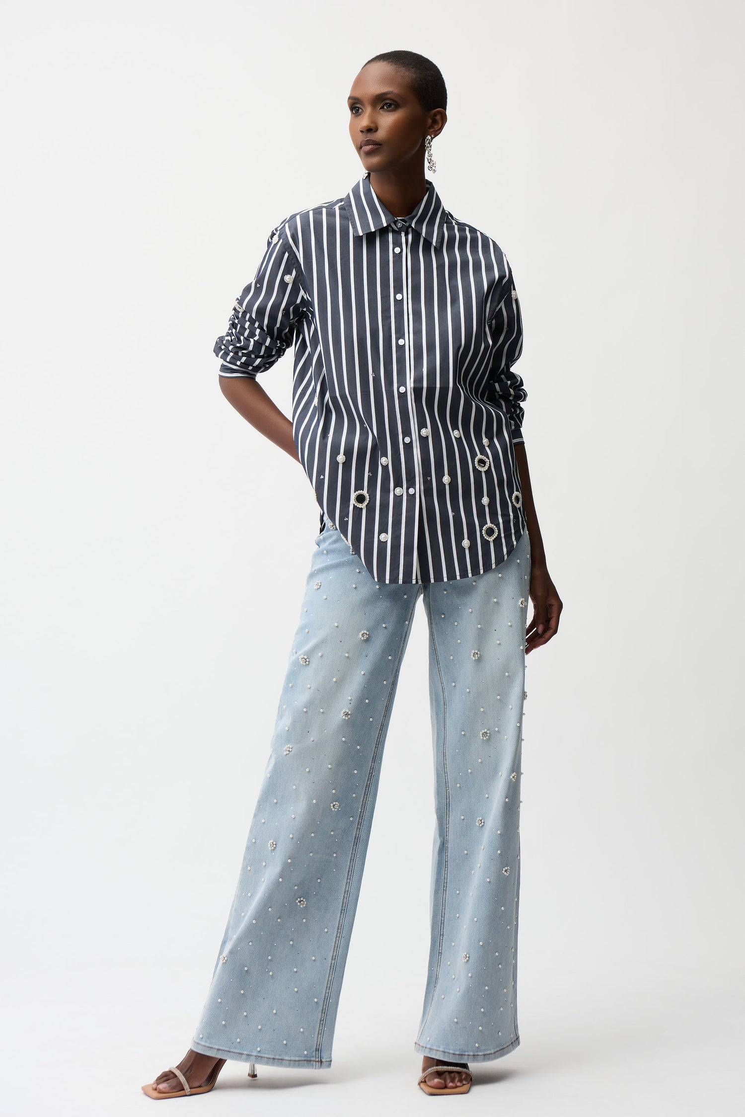 Stretch-Baumwollbluse mit Streifenprint und Strasssteinen