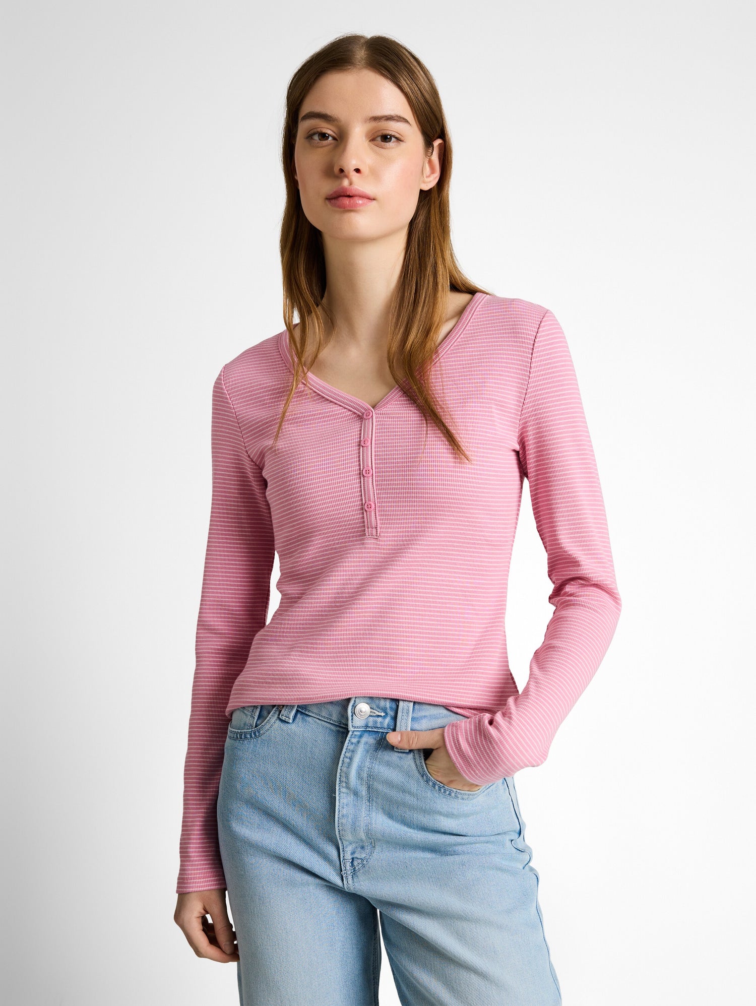 Slim Fit Henley Langarmshirt mit Streifenmuster