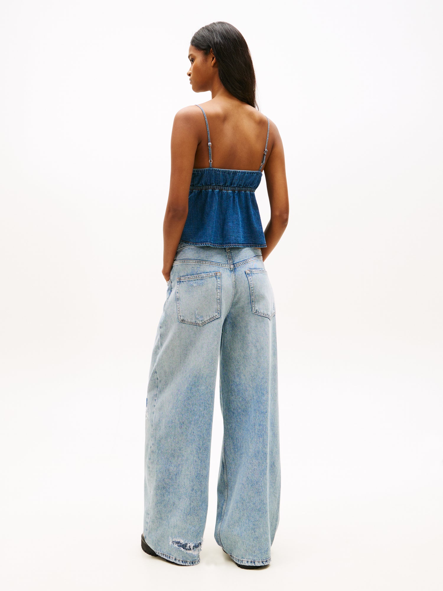 Chambray Spaghetti Strap Slim V-Neck Top