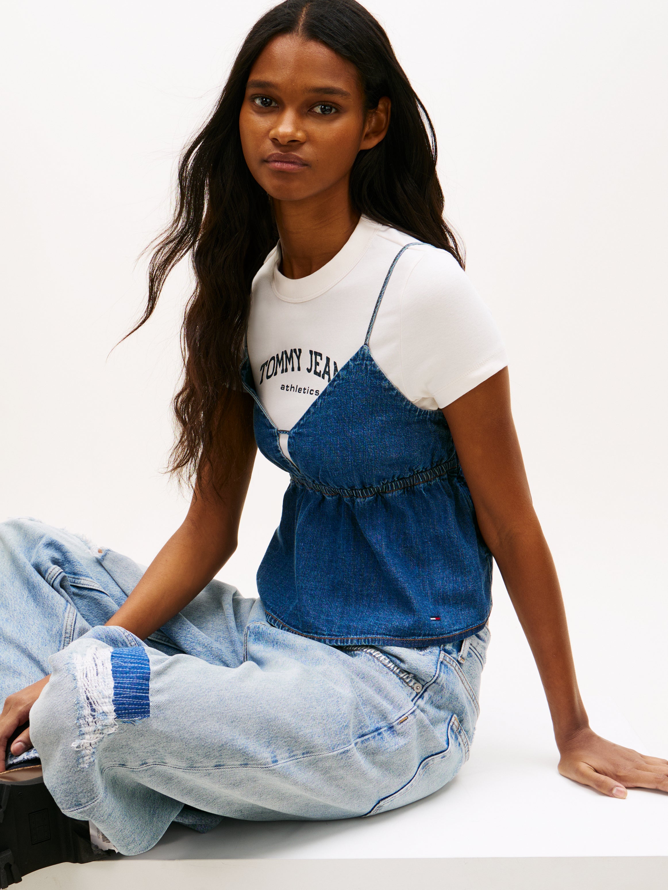 Chambray Spaghetti Strap Slim V-Neck Top