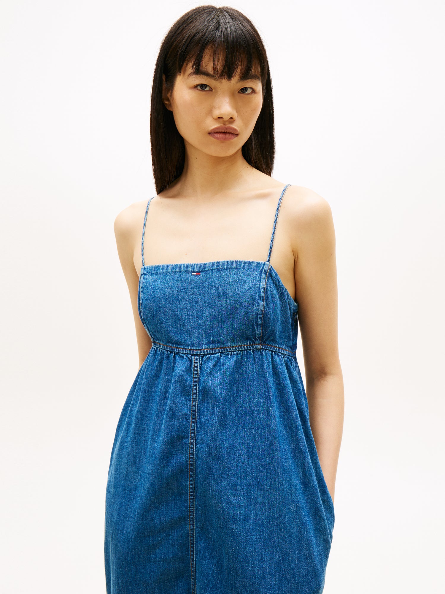 Chambray Spaghetti Strap Slim Maxi Dress