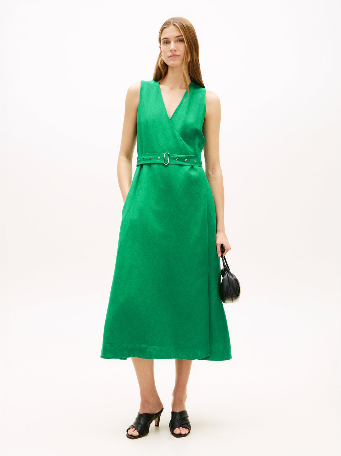 Belted Linen Blend Sleeveless Wrap Midi Dress