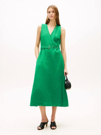 Belted Linen Blend Sleeveless Wrap Midi Dress