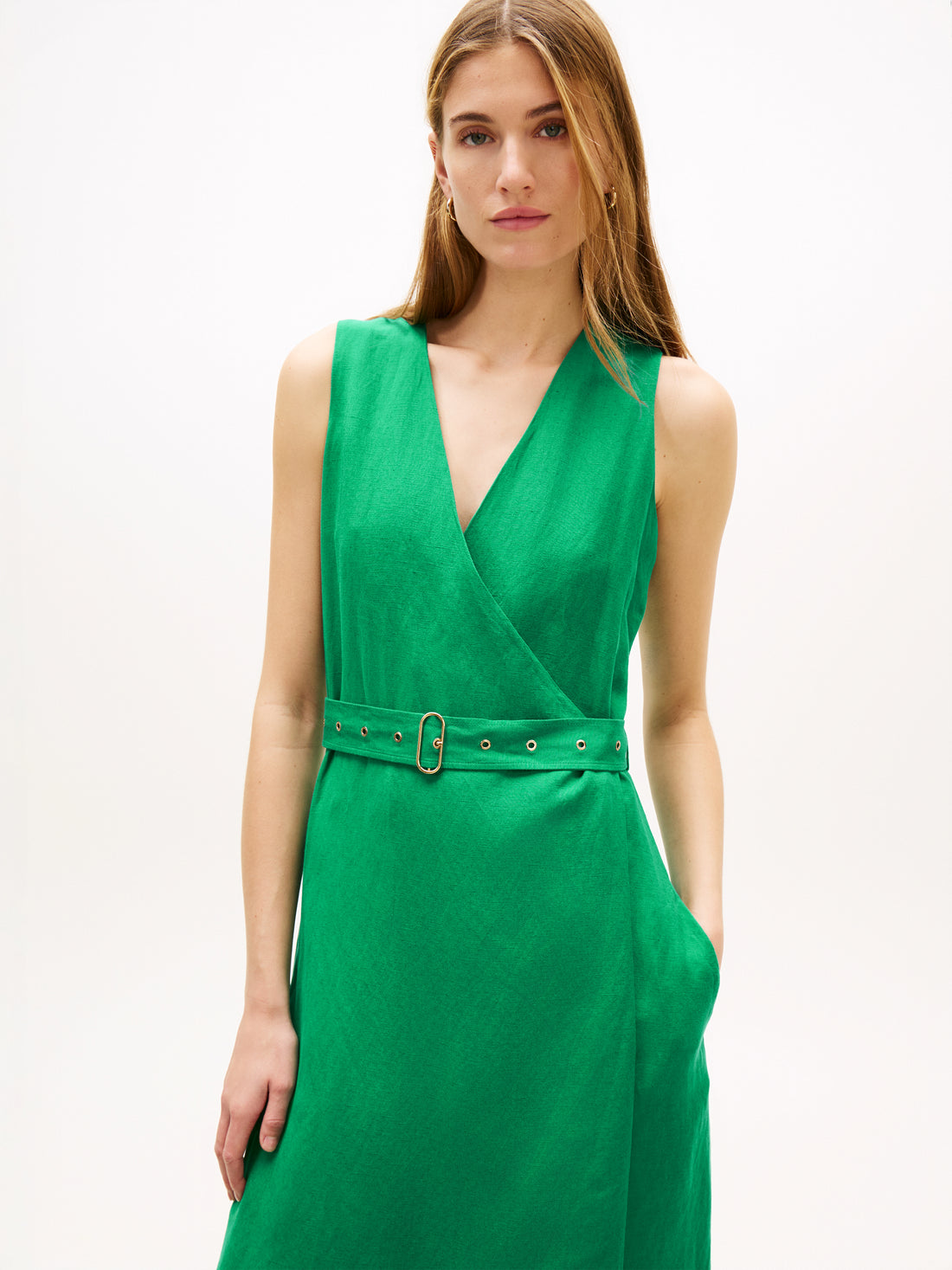 Belted Linen Blend Sleeveless Wrap Midi Dress
