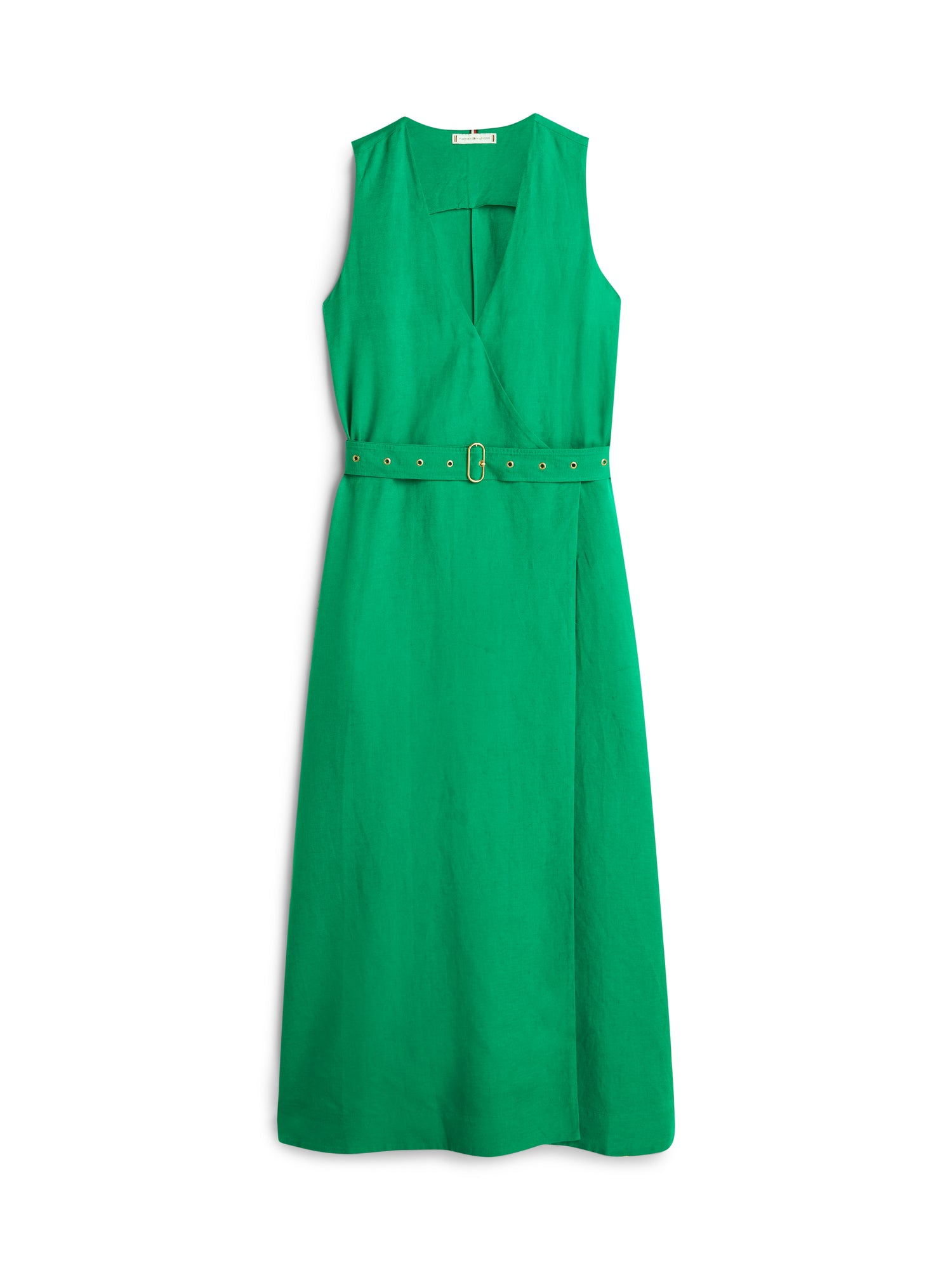 Belted Linen Blend Sleeveless Wrap Midi Dress