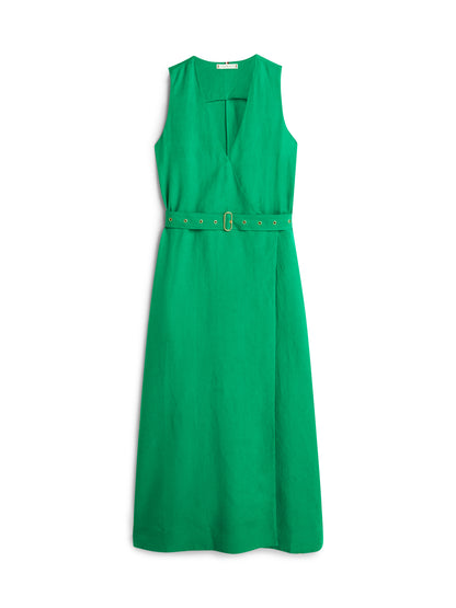 Belted Linen Blend Sleeveless Wrap Midi Dress