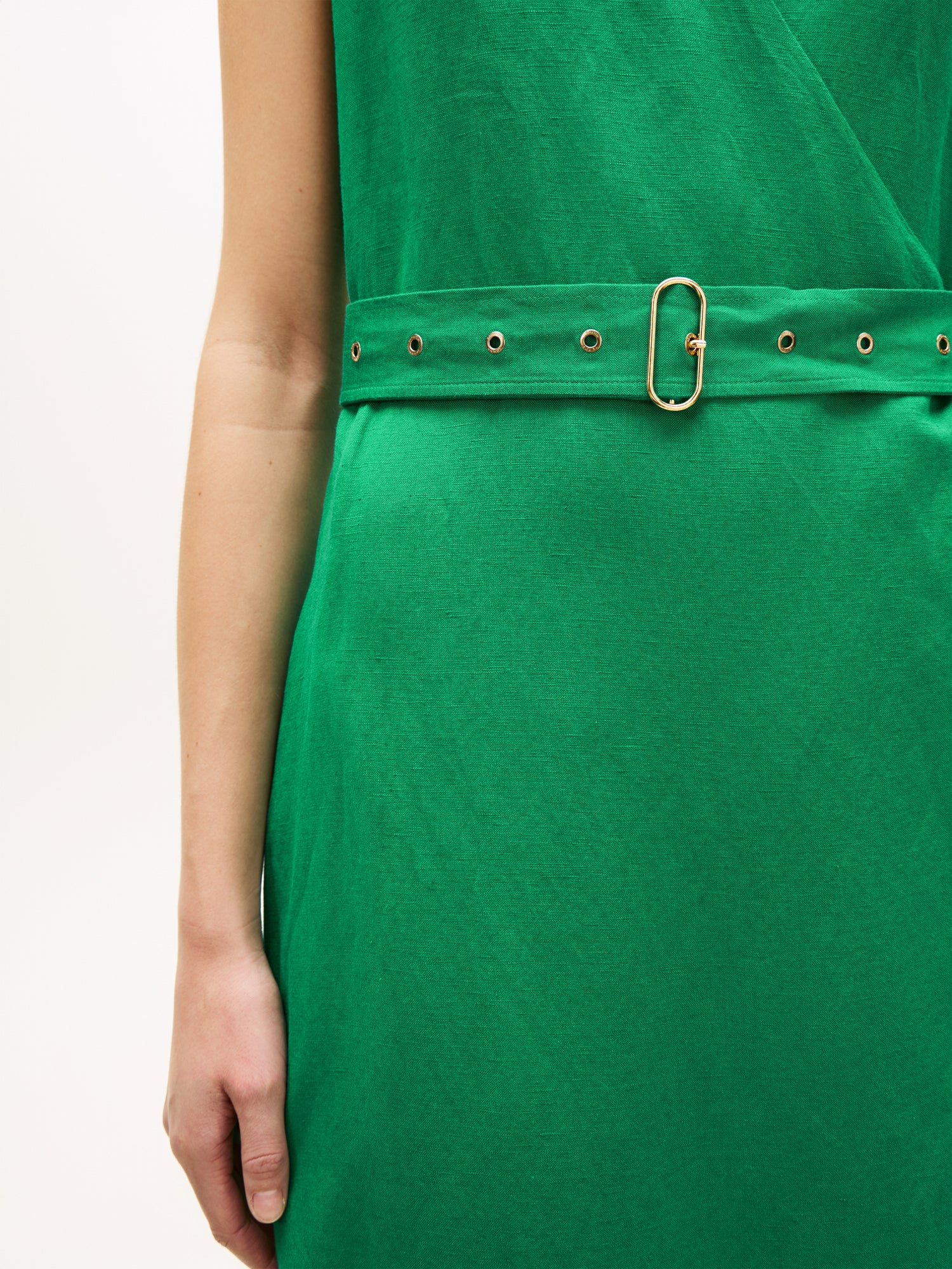 Belted Linen Blend Sleeveless Wrap Midi Dress