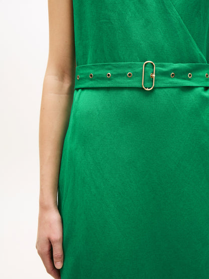 Belted Linen Blend Sleeveless Wrap Midi Dress
