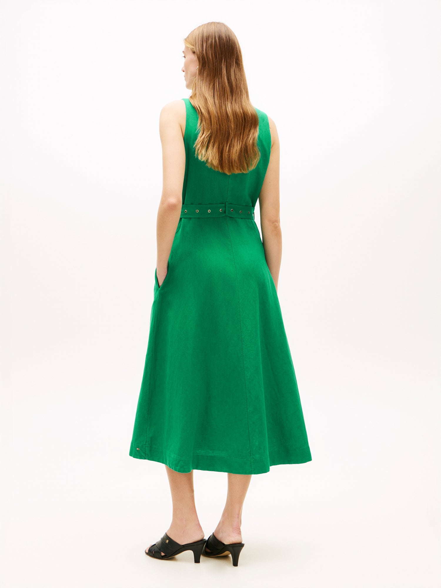 Belted Linen Blend Sleeveless Wrap Midi Dress