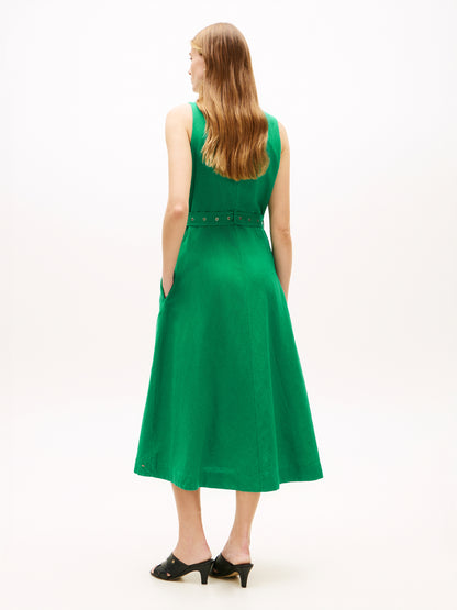 Belted Linen Blend Sleeveless Wrap Midi Dress