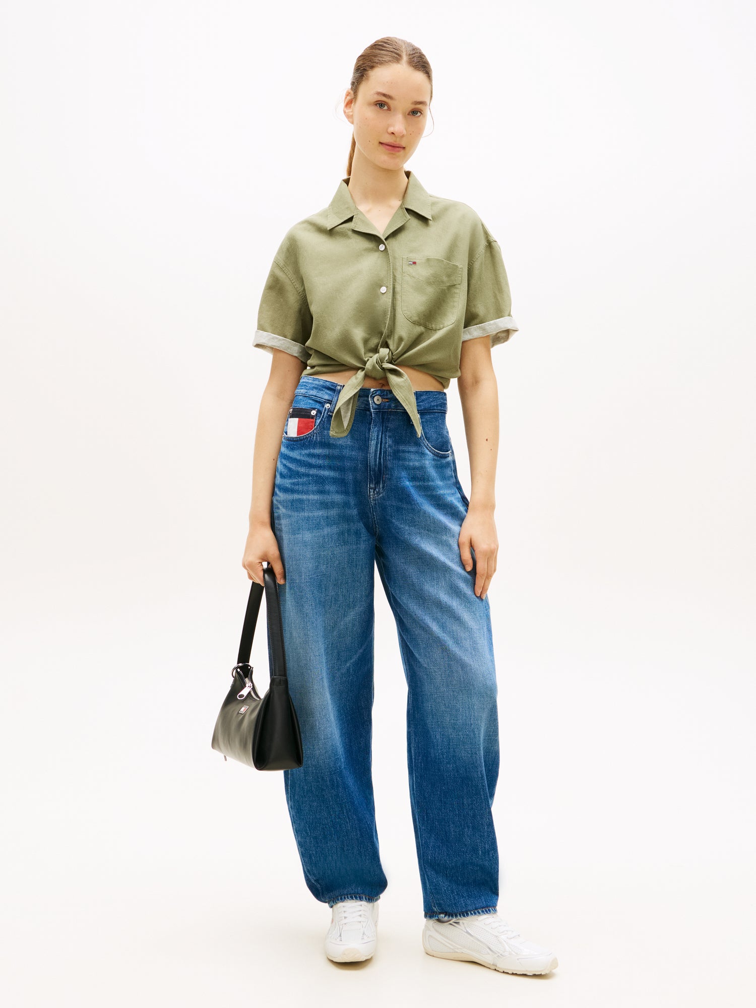 Relaxed Fit Linen Blend Tie Front Shirt