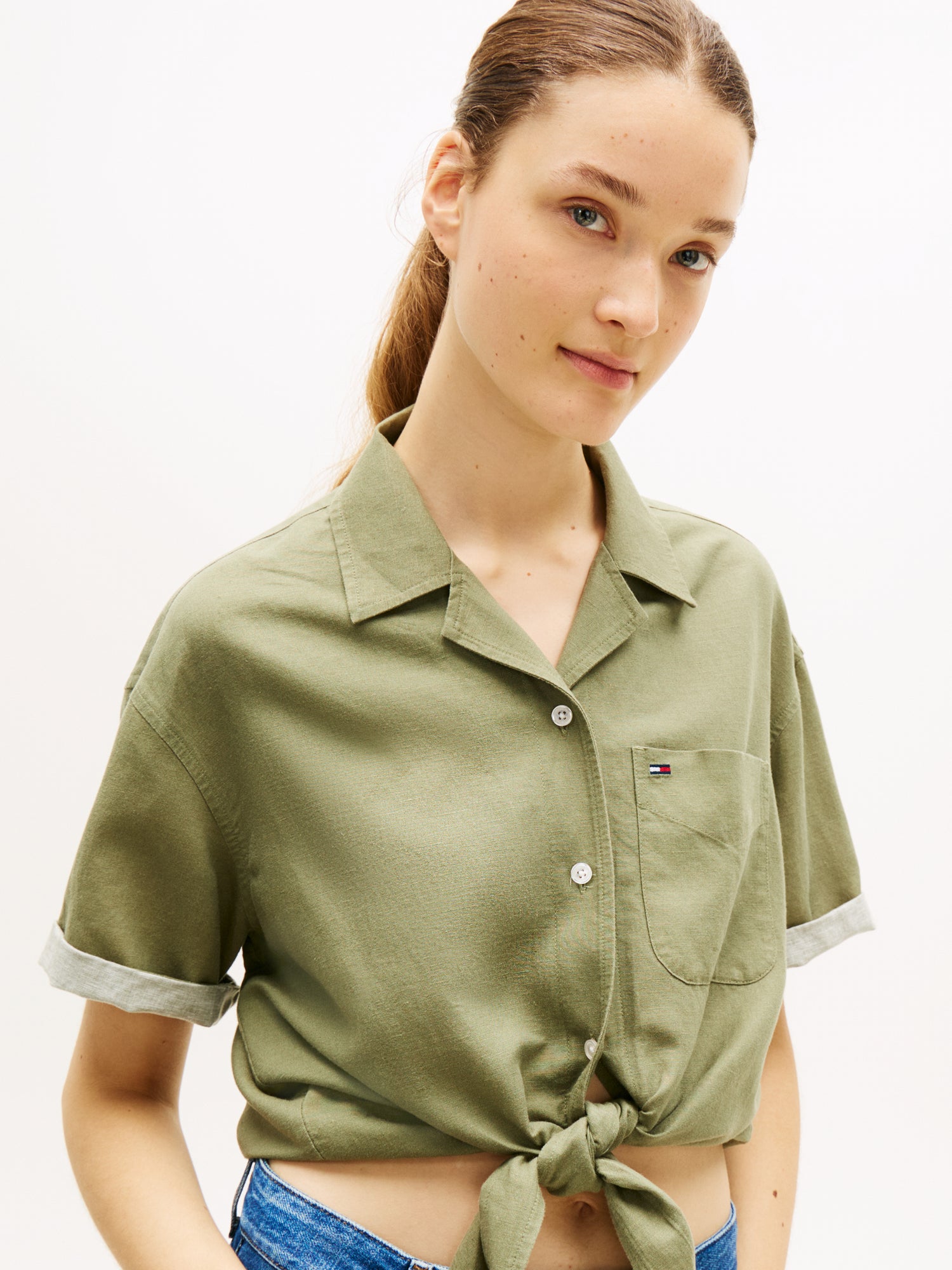 Relaxed Fit Linen Blend Tie Front Shirt