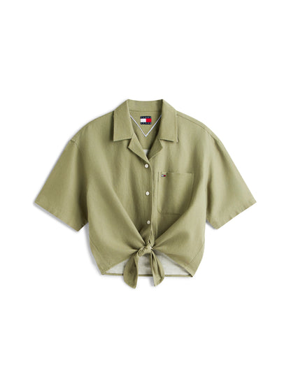 Relaxed Fit Linen Blend Tie Front Shirt