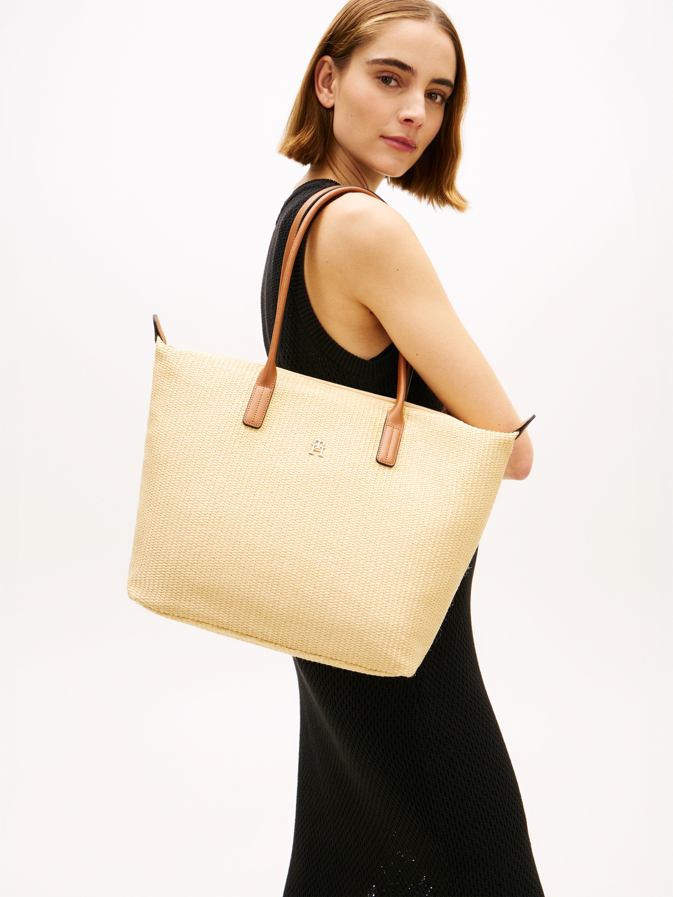TH Monogram Raffia Tote Bag
