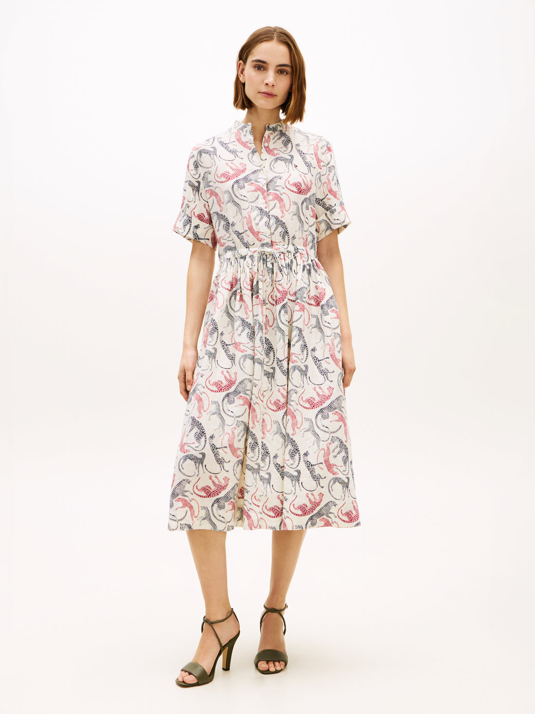 Print Pure Linen Midi Shirt Dress