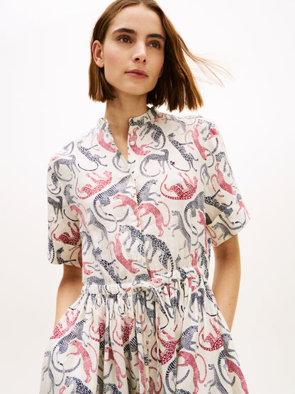 Print Pure Linen Midi Shirt Dress