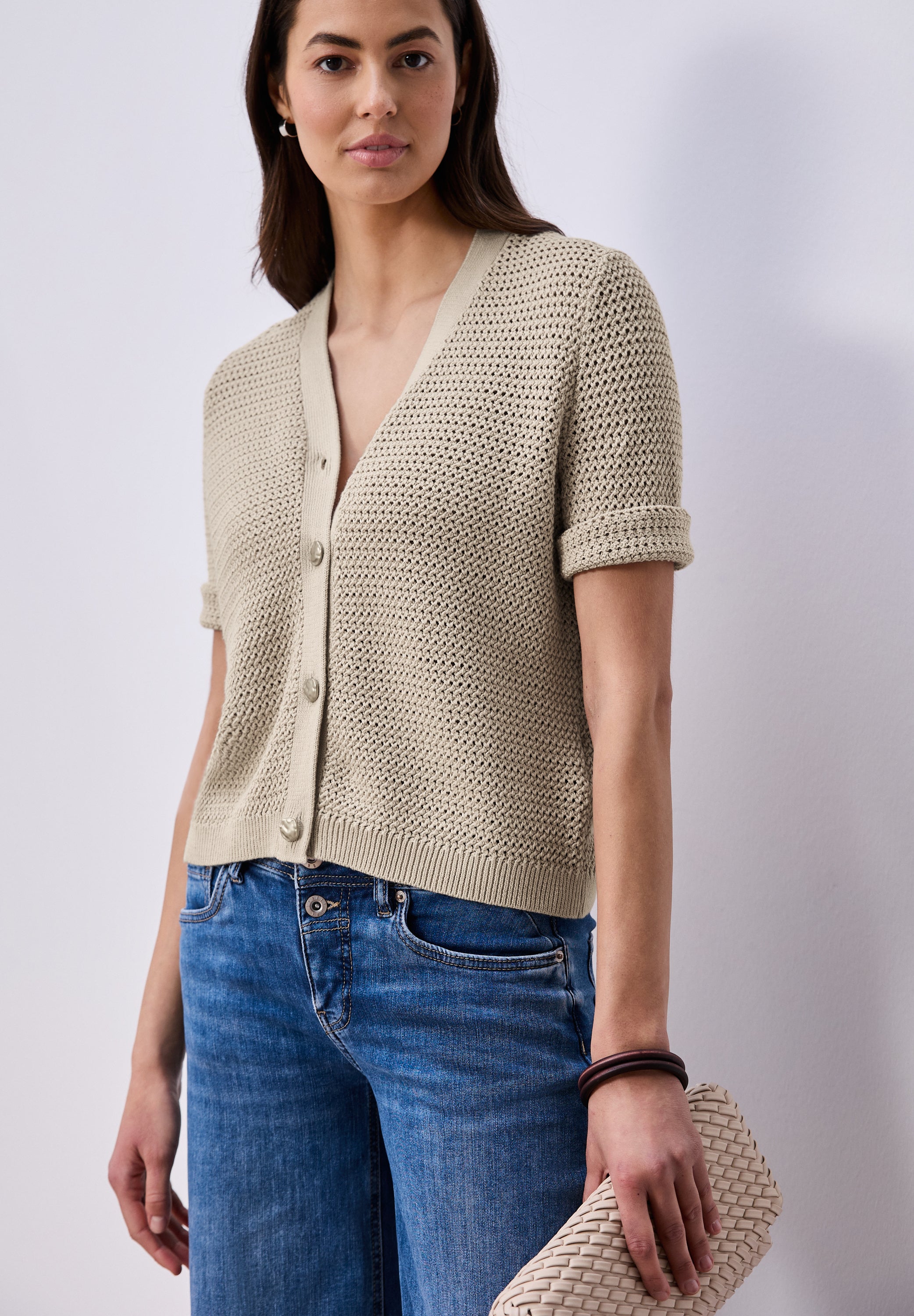 Kurzarm Cardigan mit V-Neck und Struktur