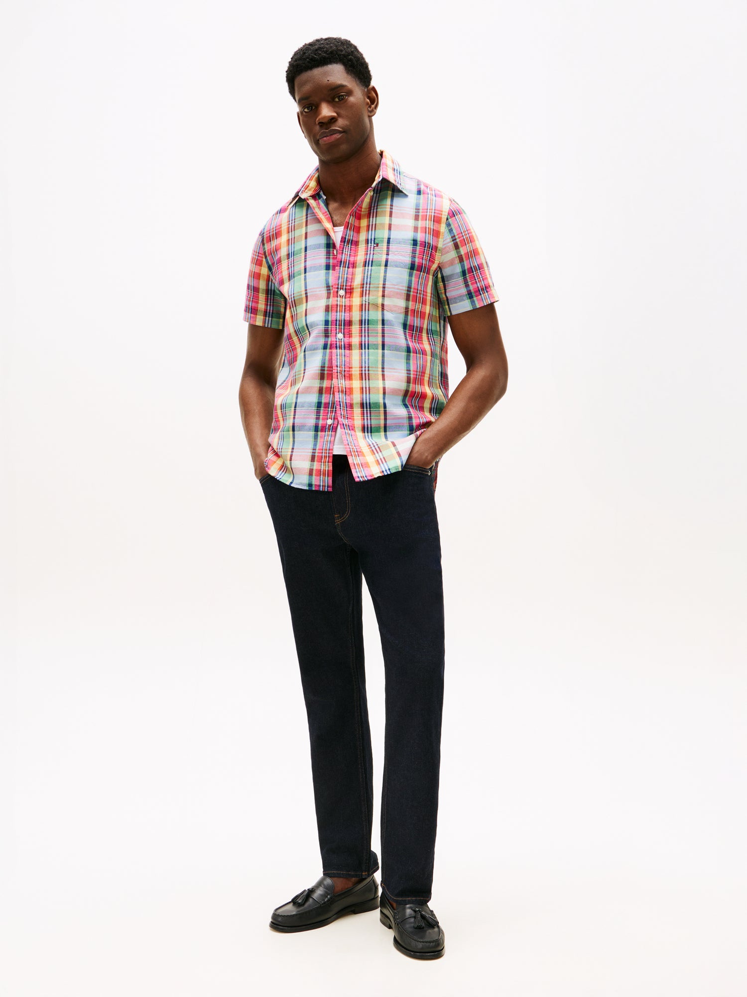 Regular Madras Linen Blend Short Sleeve Shirt
