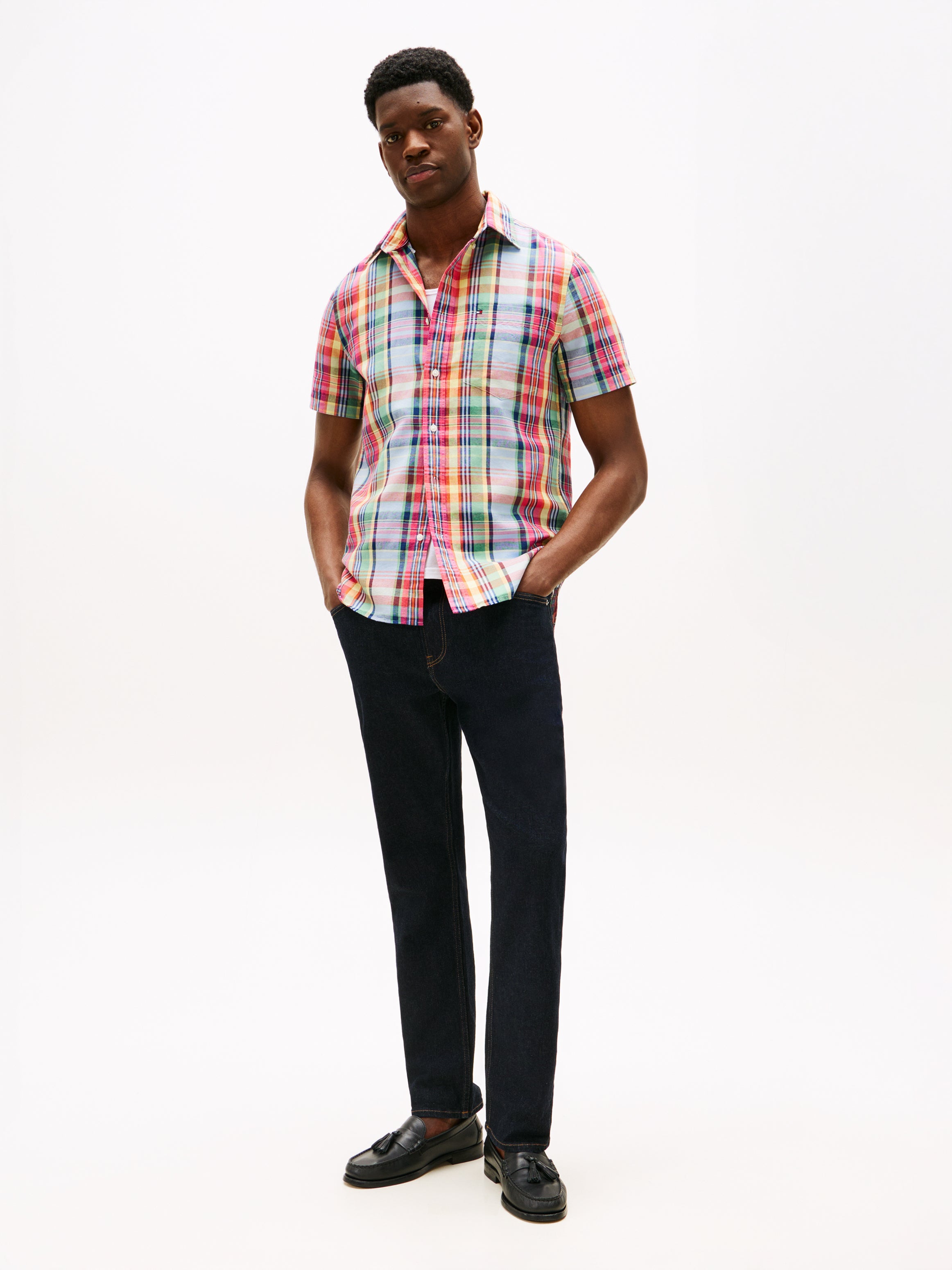 Regular Madras Linen Blend Short Sleeve Shirt