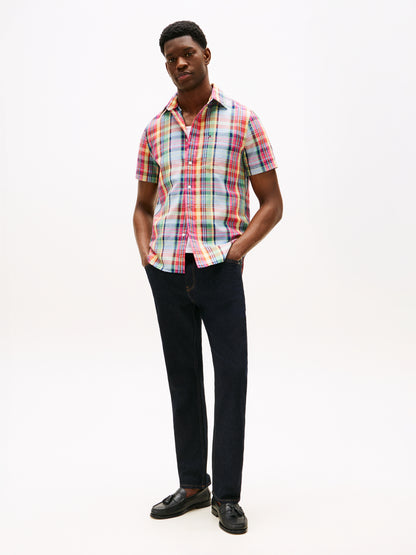 Regular Madras Linen Blend Short Sleeve Shirt
