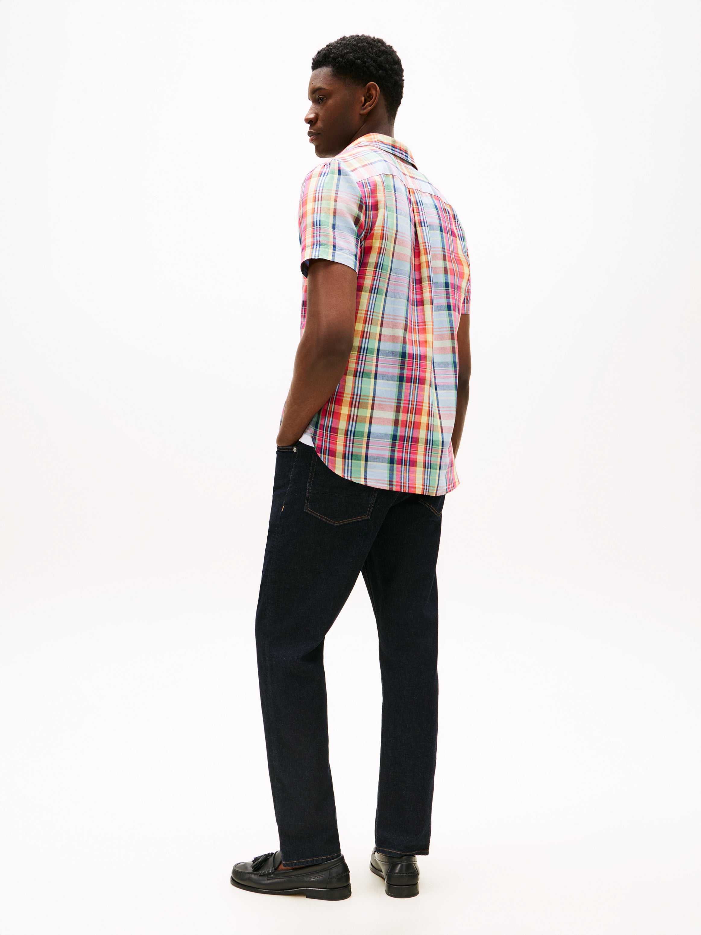 Regular Madras Linen Blend Short Sleeve Shirt