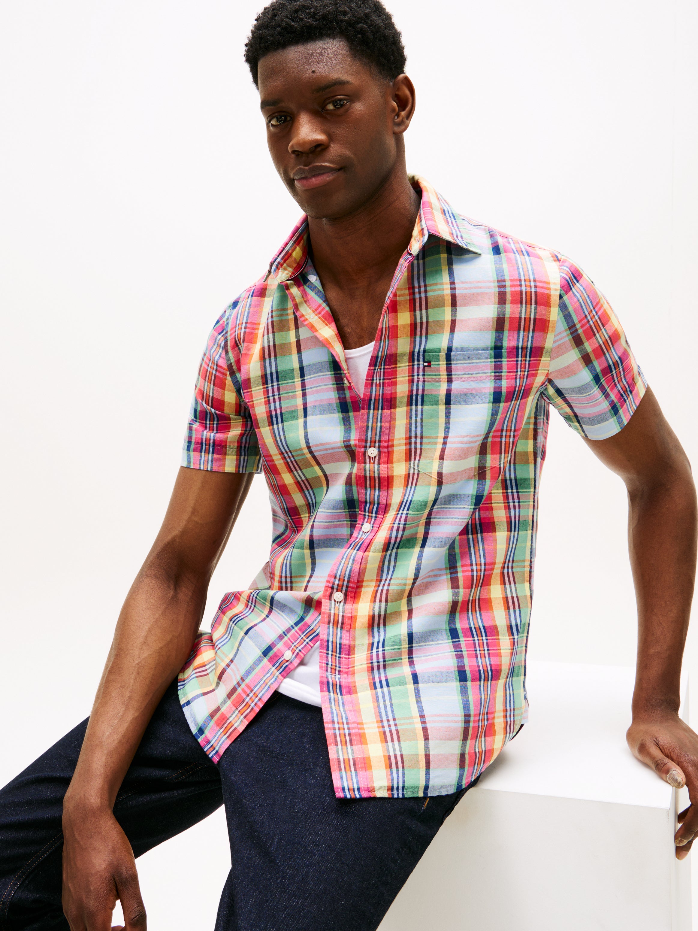 Regular Madras Linen Blend Short Sleeve Shirt