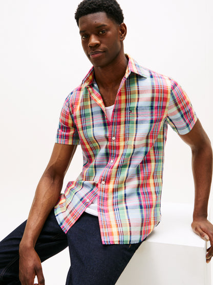 Regular Madras Linen Blend Short Sleeve Shirt