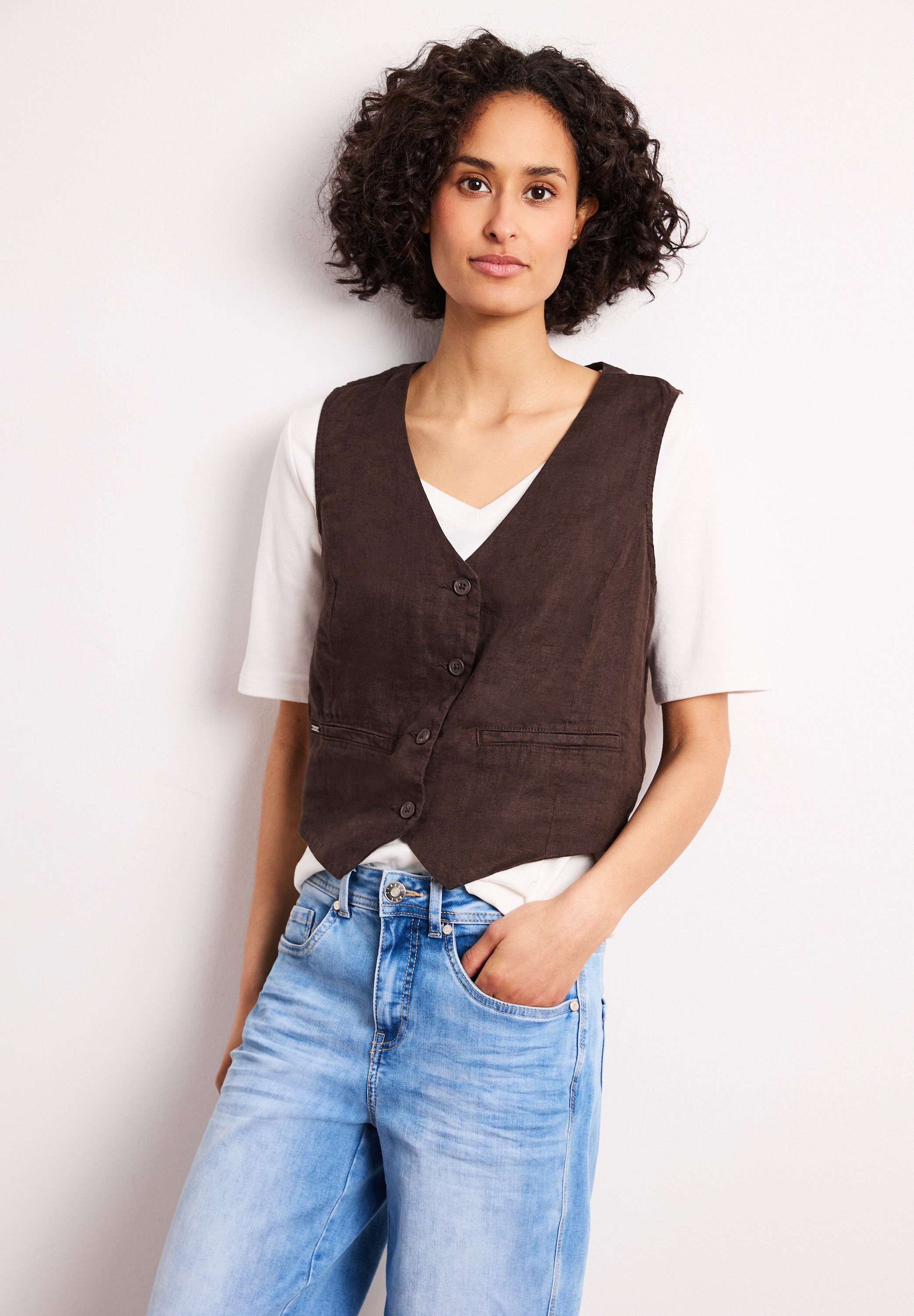 Weste mit V-Neck und Knöpfen aus Leinen