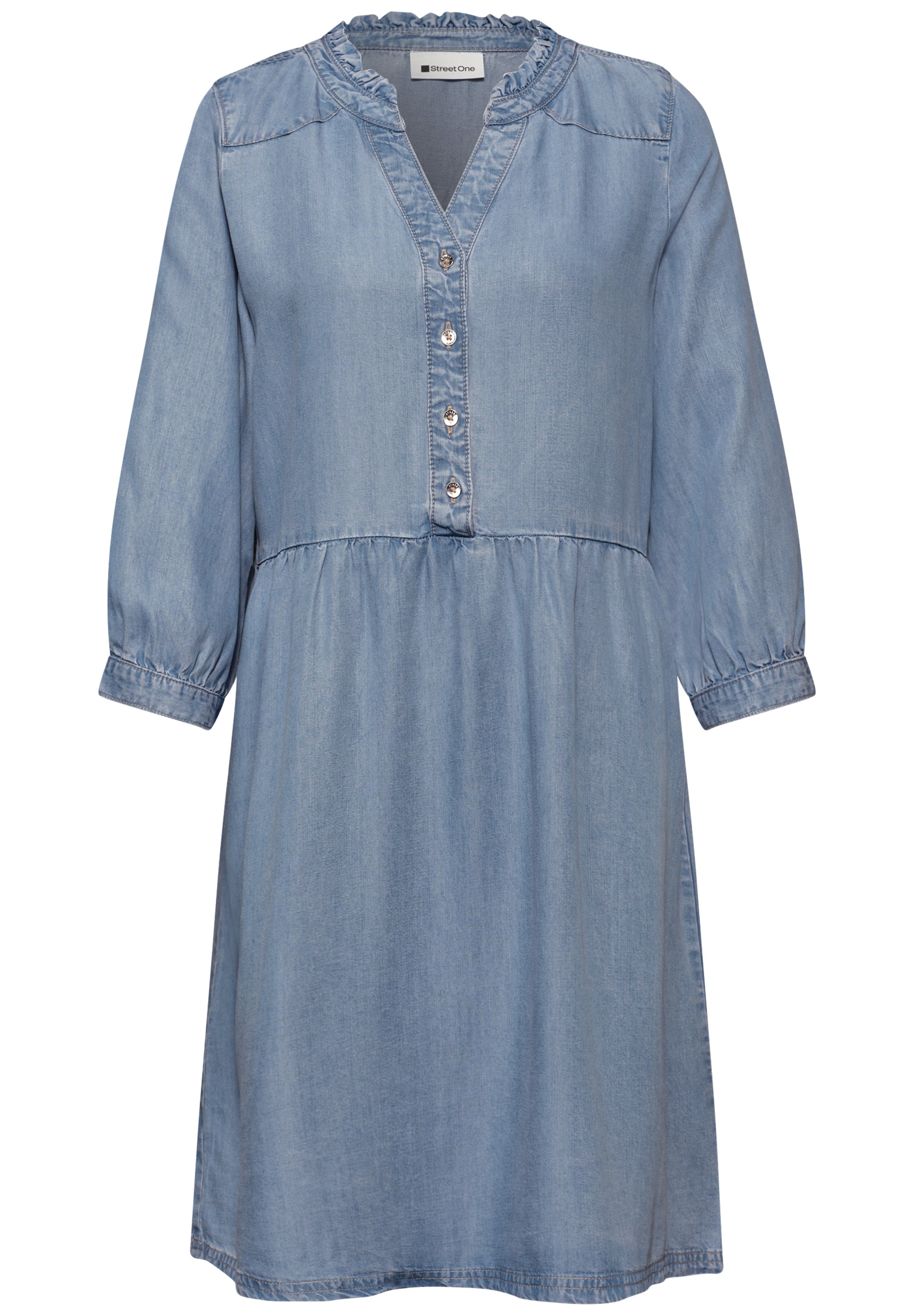 Knielanges Kleid mit Rüschen im Denim-Look